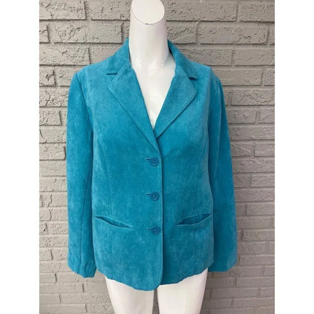 Studio Works Women Teal Faux Suede Blazer Size 10